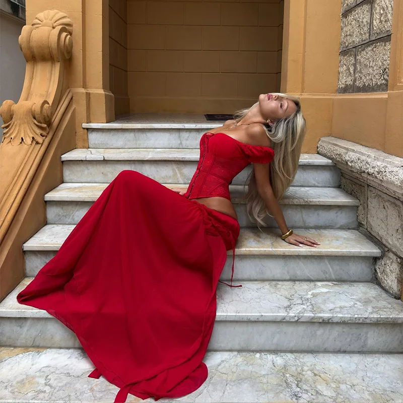 

Chic Red Off Shoulder Corset Top Maxi Skirt Set Lace Up Back Ruffle Trim High Waist Flowy Skirt Beach Vacation Outfits