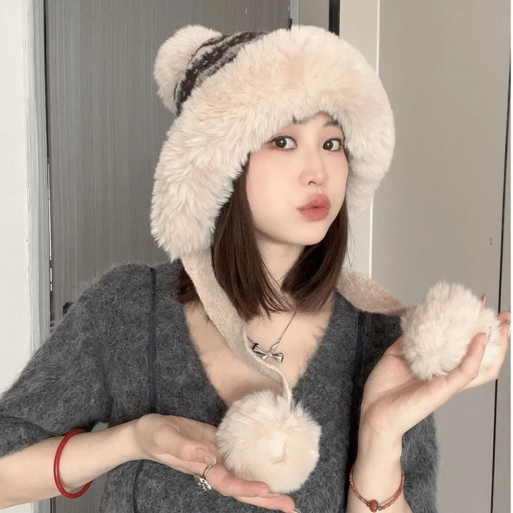

Fashion Thick Knitted Plush Hat Warm Ball Ear Protection Hat Ethnic Style Windproof Pullover Beanie Hat Skiing