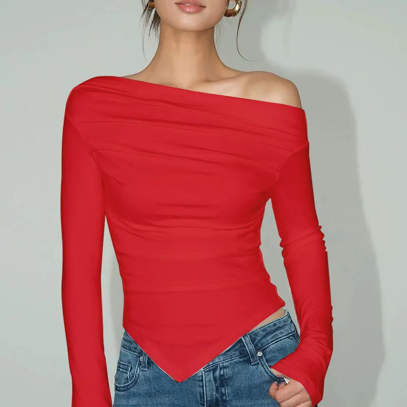 Fashion Women's T-shirt Autumn Red Off Shoulder Sexy Tees Long Sleeves Warm Streetwear Pullover Asymmetrical Slim T-shirt Female