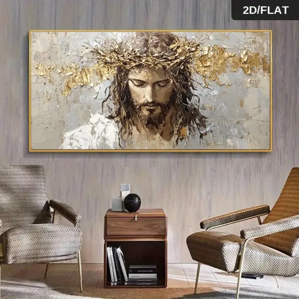 

1pc 2D/flat Frameless Canvas Extra Large Modern Abstract Crown Painting - Beige, Golden, Gray, White, Black Religious Wall Art -