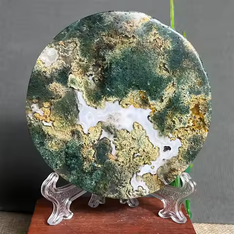 Crystal Natural Moss Agate Slab Slice Stone Quartz Reiki Carving Healing Mineral Specimen Home Stone Decoration Energy +Stand