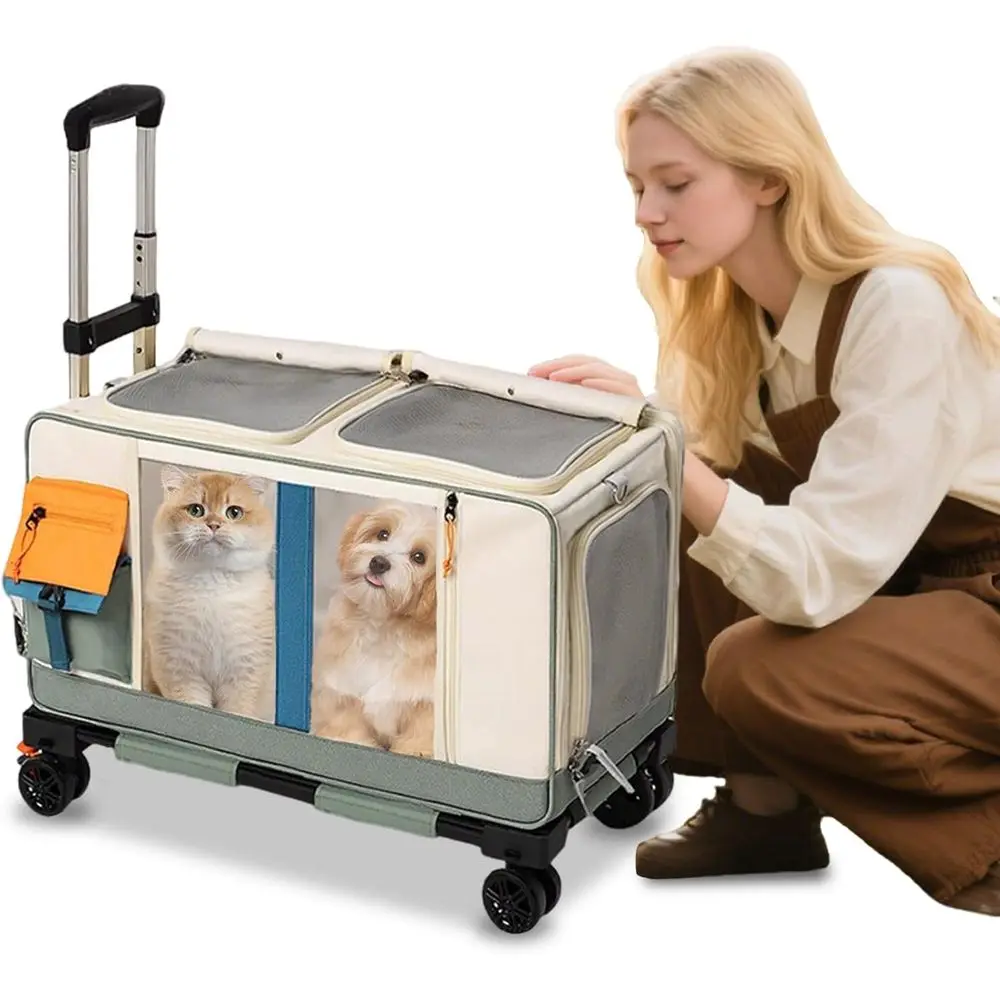 

Foldable Soft-Sided Pet Carrier with Wheels & Telescopic Handle for Cats & Dogs (Beige Green)