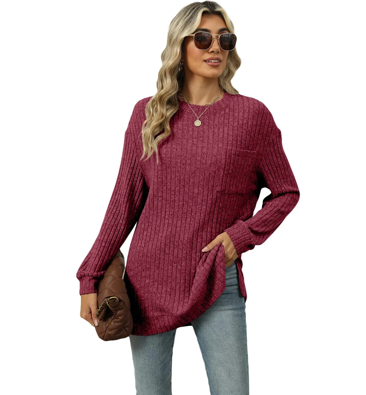 

Новый женский свитер с круглым вырезом и длинными рукавами, пуловер в рубчик, вязаный топ, повседневная уличная мода