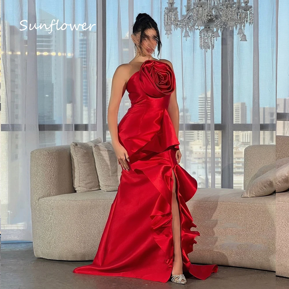 Sunflower Simple Red Strapless 3D Flowers Satin Prom dress 2024 Slim Backless Floor-Length Evening Dress Mermaid Party Dress