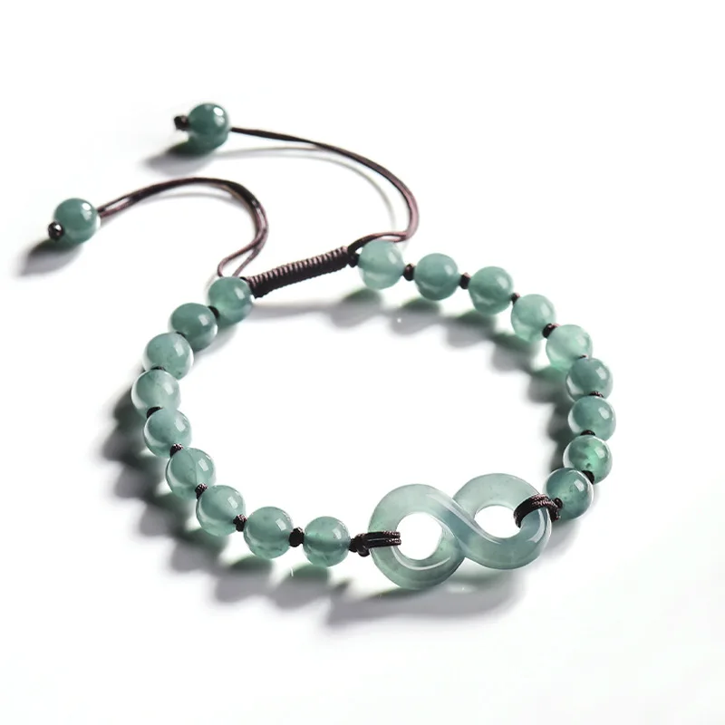 

Natural Grade A Jadeite Blue Water Infinite Ice Jade Ring Bracelet, Hand-Woven Rope for Ladies, Couple, Gift, Ladies' Jewelry