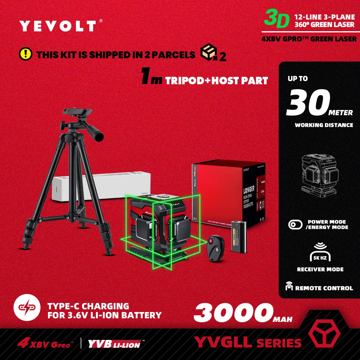 YEVOLT TL-YVGLL4XS12T Series Green Laser Level 3-Plane 12-Line Self-leveling 360 3D Power Measuring Tools-1M Aluminium Tripod