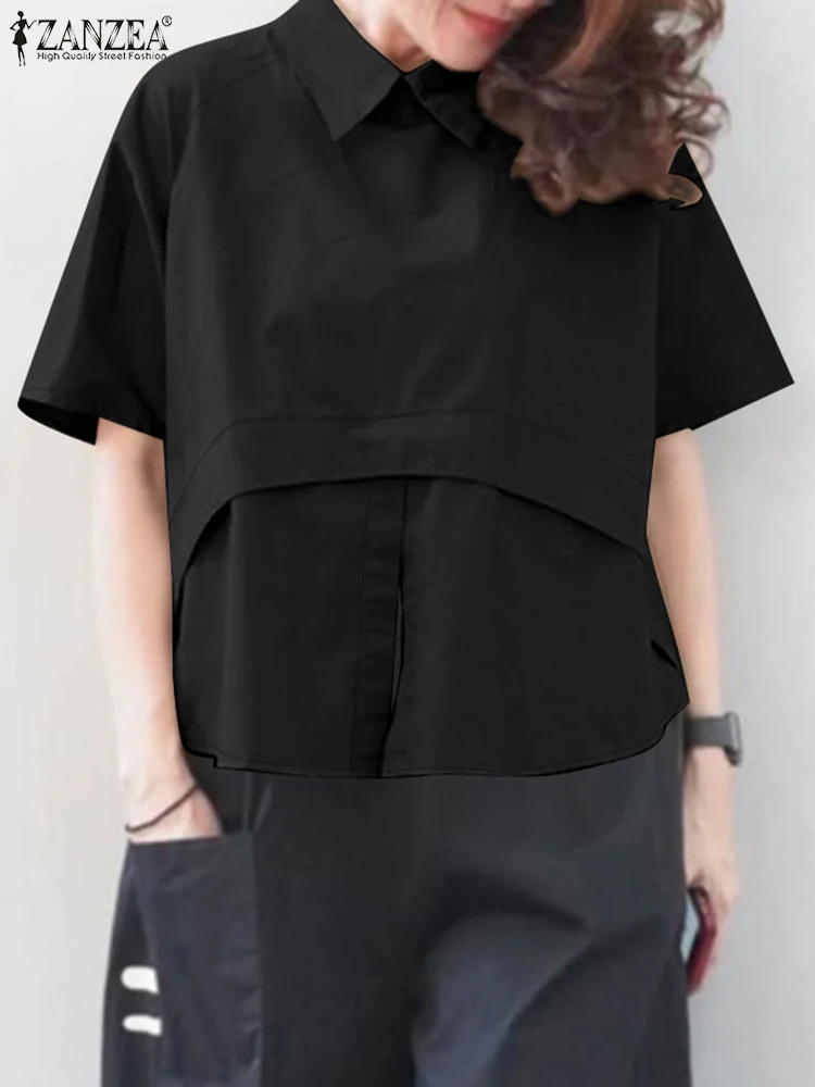 ZANZEA Zomer Kantoor Vrouwen Blouse Elegante Revers Hals Korte Mouw Stijlvolle Asymmetrische Zoom Blusas Casual Solid Tuniek Tops