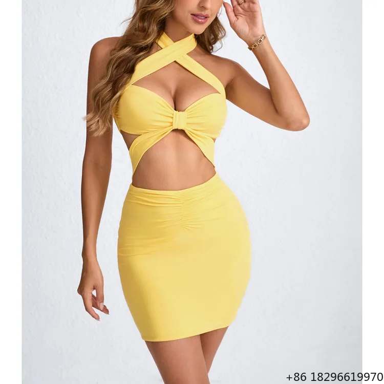 Sexy Bandage Dress Custom logo Halter Neck Mini Skirt Directly Tight Hip Skirt Wholesale S-2XL