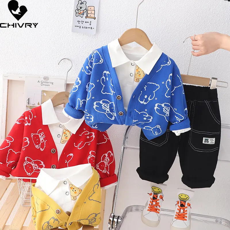 Boys Fashion Clothing Sets New 2023 Kids Spring Cartoon Bear Knit Cardigan Tops with Jeans Children Casual Three-piece Sets