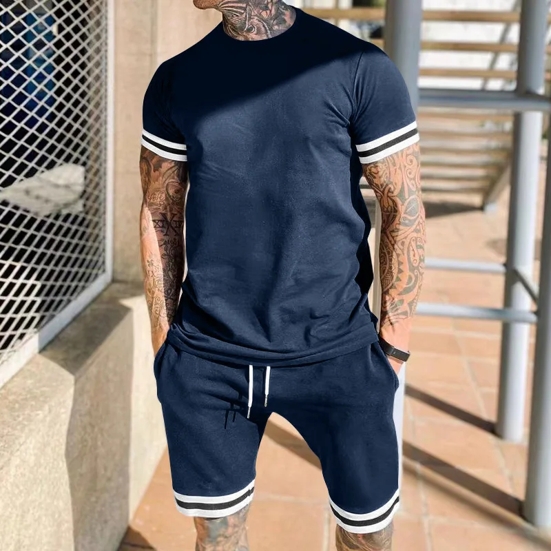 Summer New Men 2 Piece Set Tracksuits Casual Fashion Short Sleeves T-shirt+shorts Pants Suits Mens Clothing Breathable Outfit