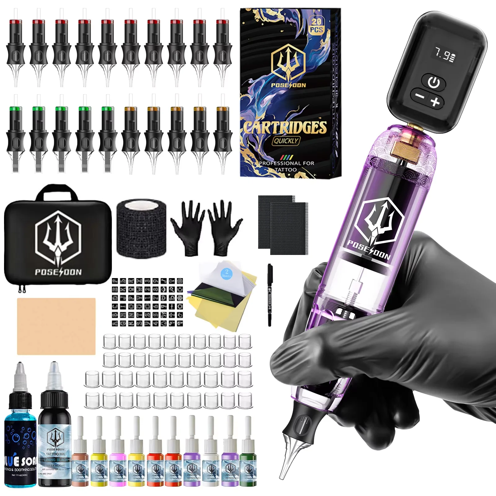 Tattoo Kit POSEIDON V5 20 Tattoo Nadeln Tattoo Stift Kit Für Permanent Make-Up Tattoo Maschine Kit Lila Tattoo Gun Kit