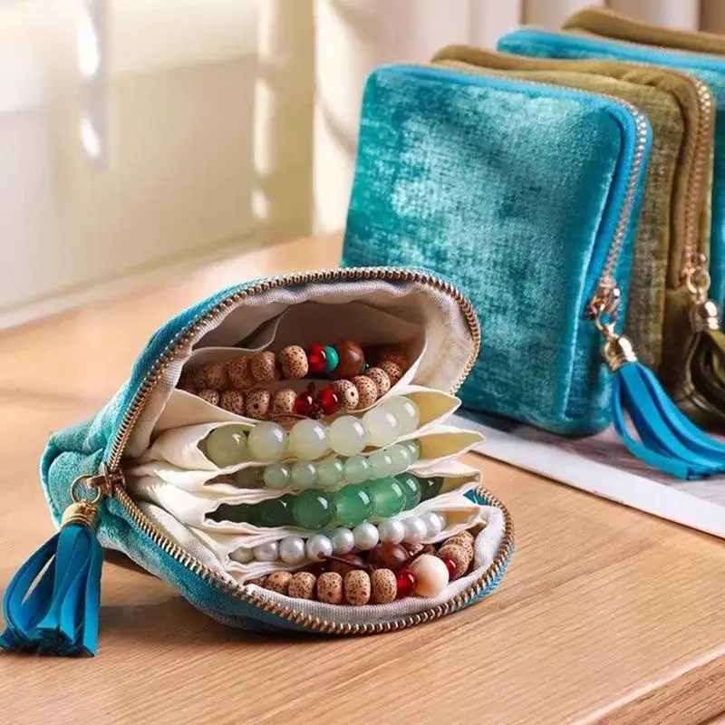 @*Jewelry Storage Bag with Tassel Pendant Portable Velvet Zipper Organizer for Rings Earrings Necklace Storing