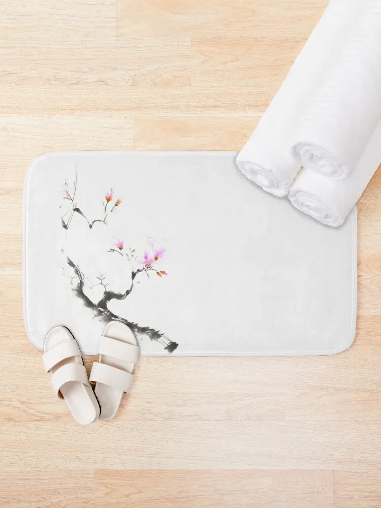 Charming sumi-e illustration of a budding sakura branch with gentle pink flowers art print Bath Mat Water Absorbent Mat