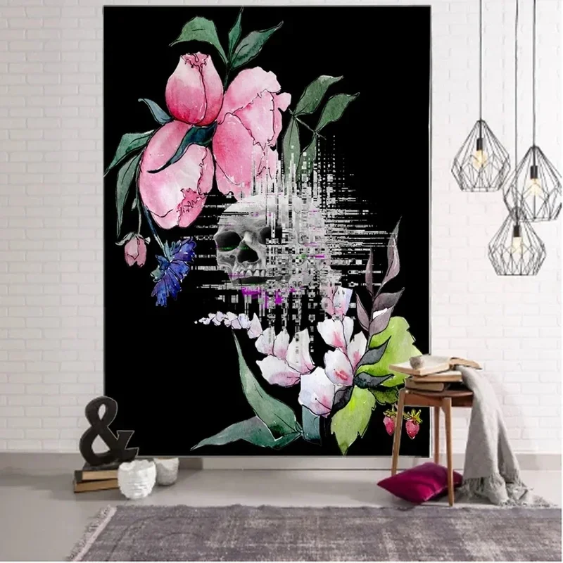 VIKAMA Gothic Skeleton Tapestry, Star Moon Skull Floral Wall Hanging, Black White Dark Art Cloth Poster Bedroom Dorm Decor