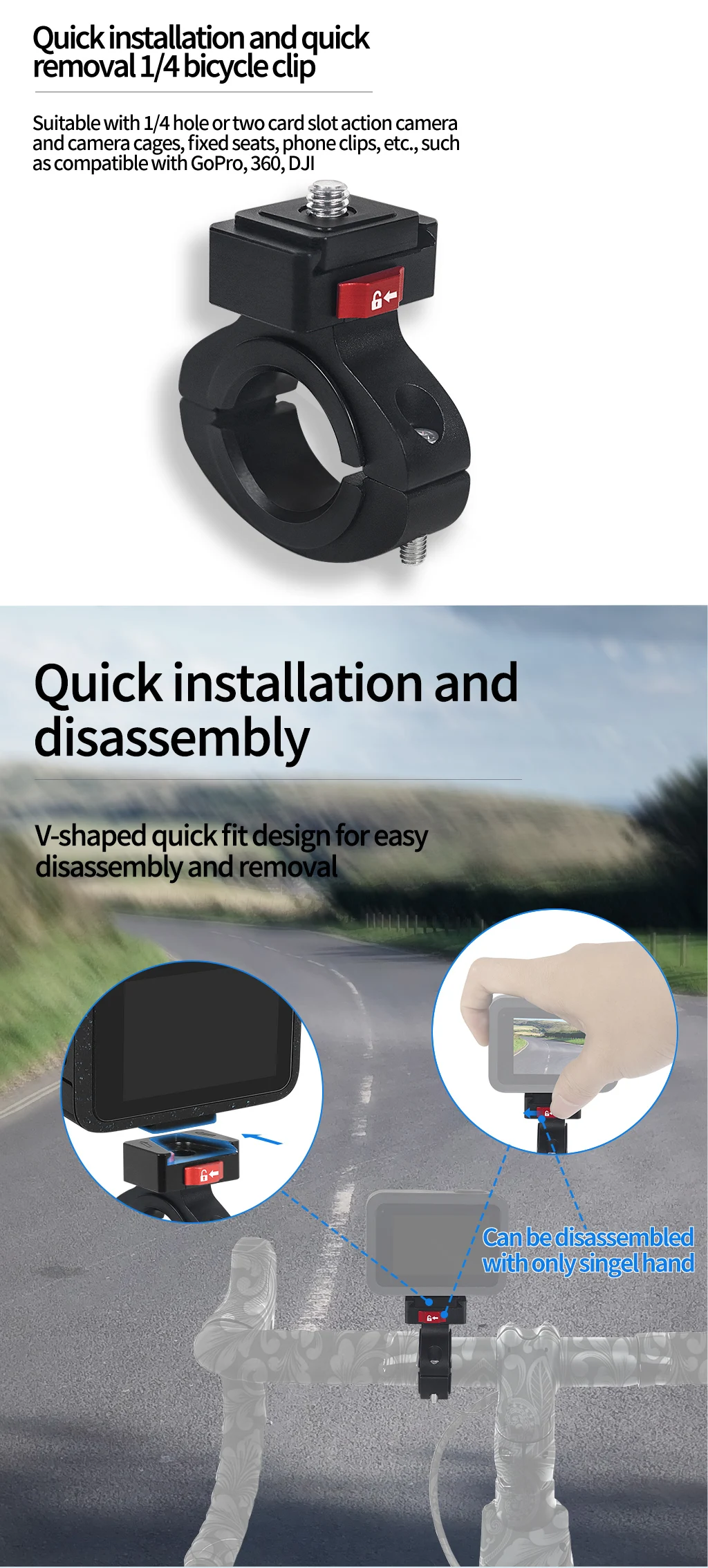 360 drehbarer Fahrrad kamera halter Schnell verschluss Split Mount Lenker klemme Motorrad halterung für Gopro Hero 13 12 11 Dji Action 4 – Detail 28