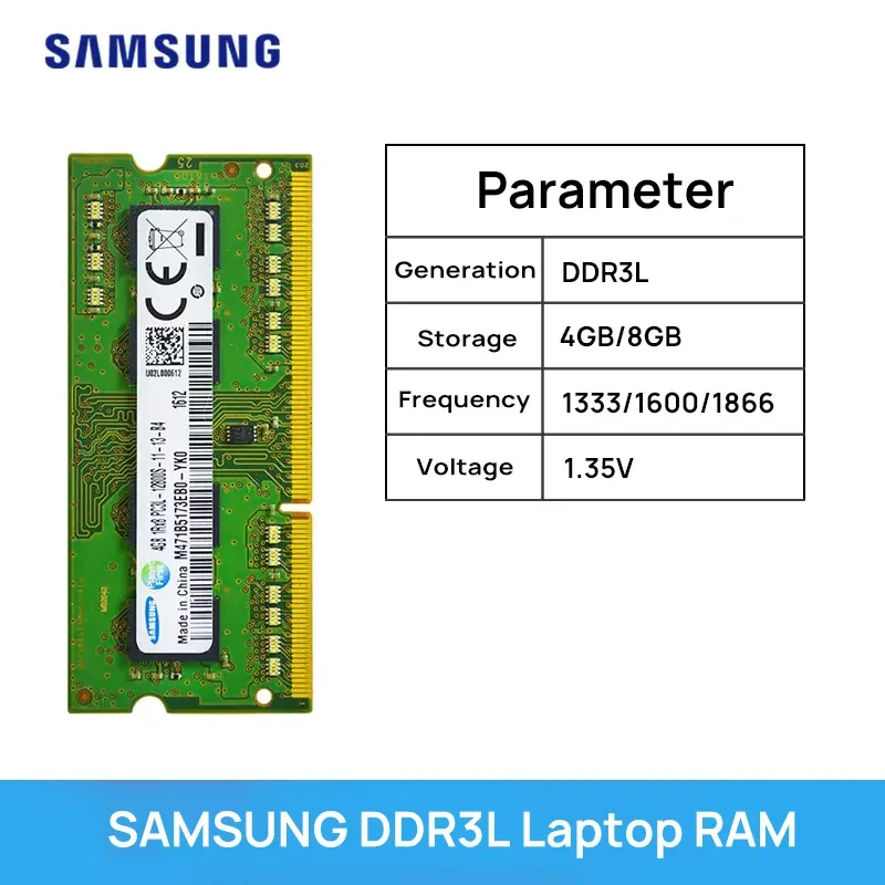 SAMSUNG DDR3L Laptop Memory 4GB 8GB RAM 1.35V / DDR3 1.5V 1333 1600 MT/s MHz 204pin SO-DIMM Memory Stick for Laptop Notebook