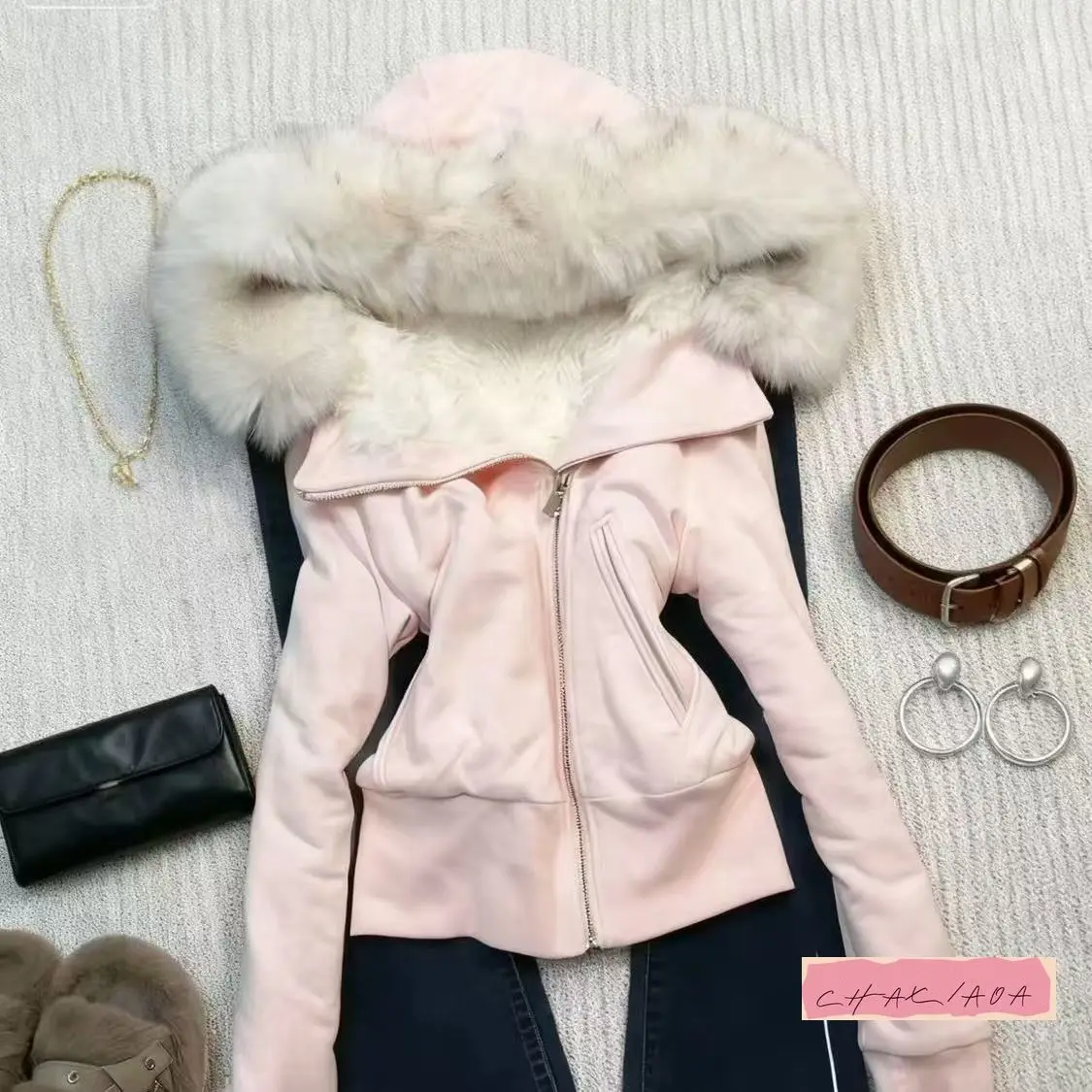 

Millennial Vintage Cute Pink Green Casual Hooded Zipper Jacket Street Hottie Plush Liner Fur Collar Simple Slim Jacket Winter