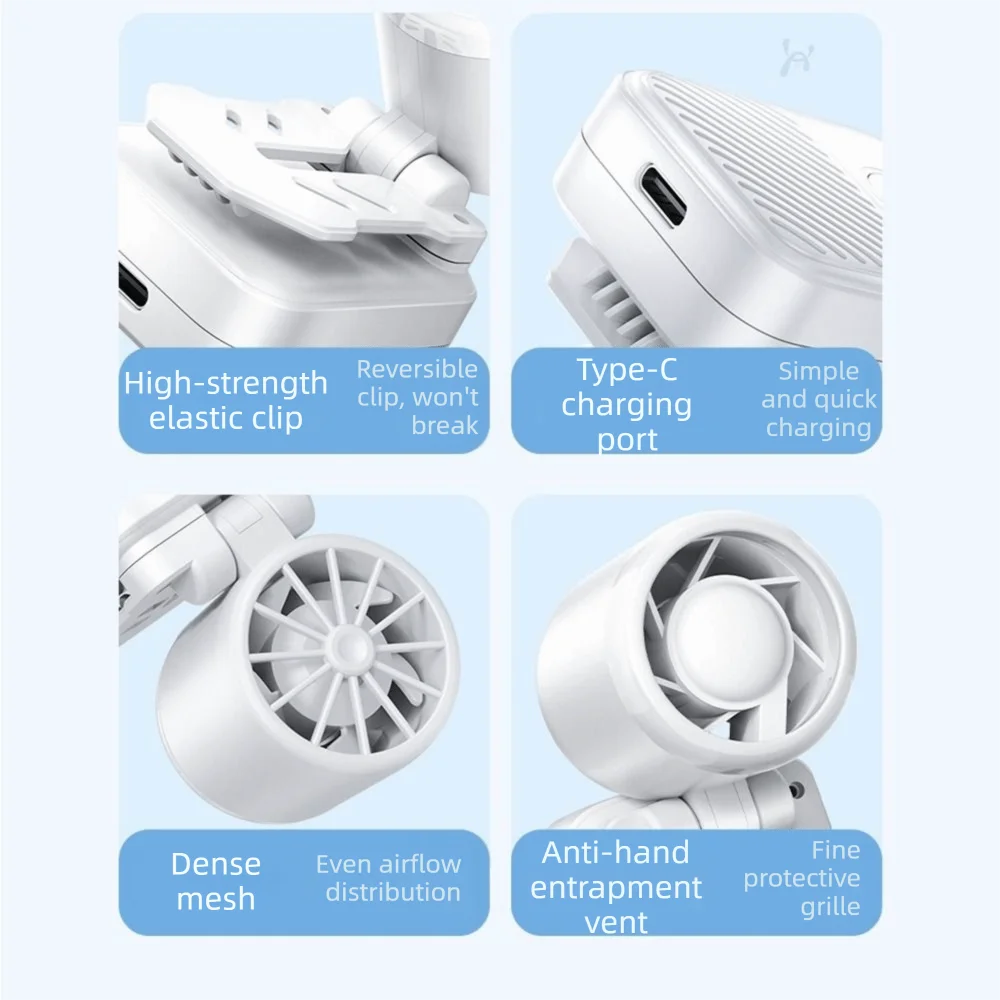 Lightweight Portable Hat Clip Fan 3 Speeds Rechargeable Cooling Clip on Fan Multi-Directional Type-C Charge Desktop fan Camping