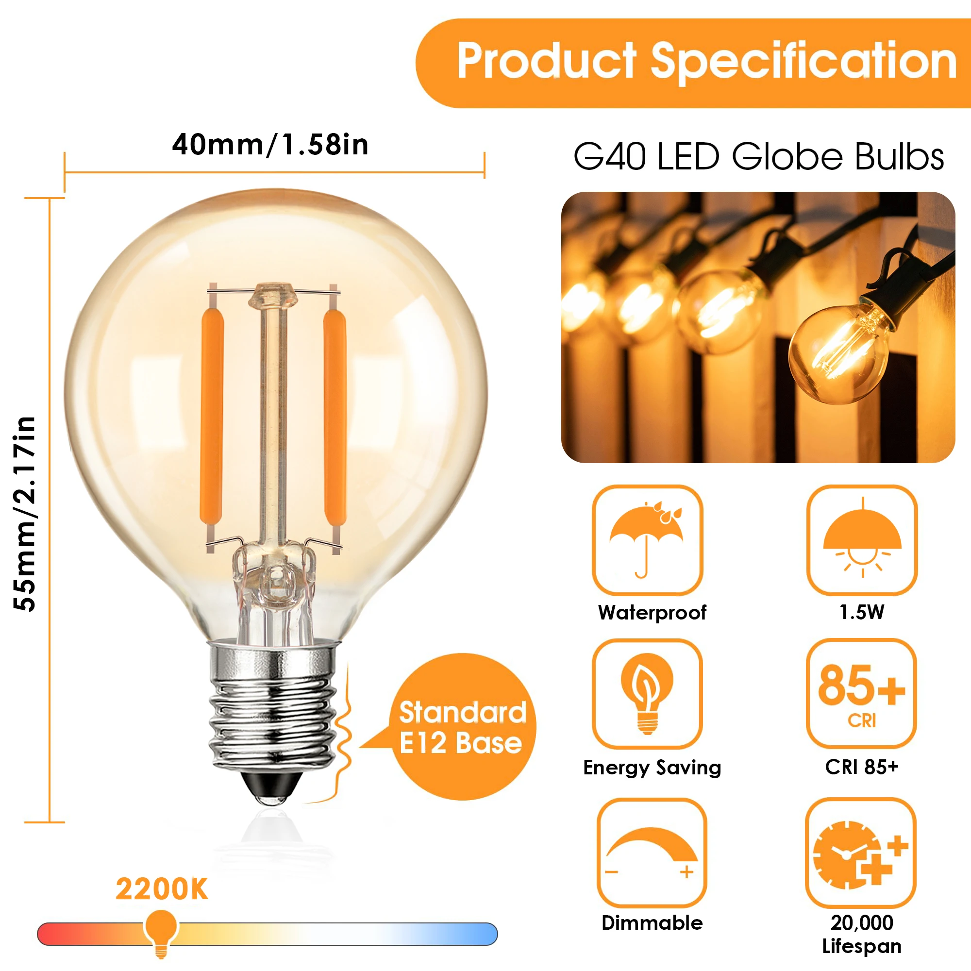G40 Decoration Outdoor LED String Lights 1.5W Globe Amber Glass Bulb Dimmable Garland Festoon Street Patio Party Hanging Lights