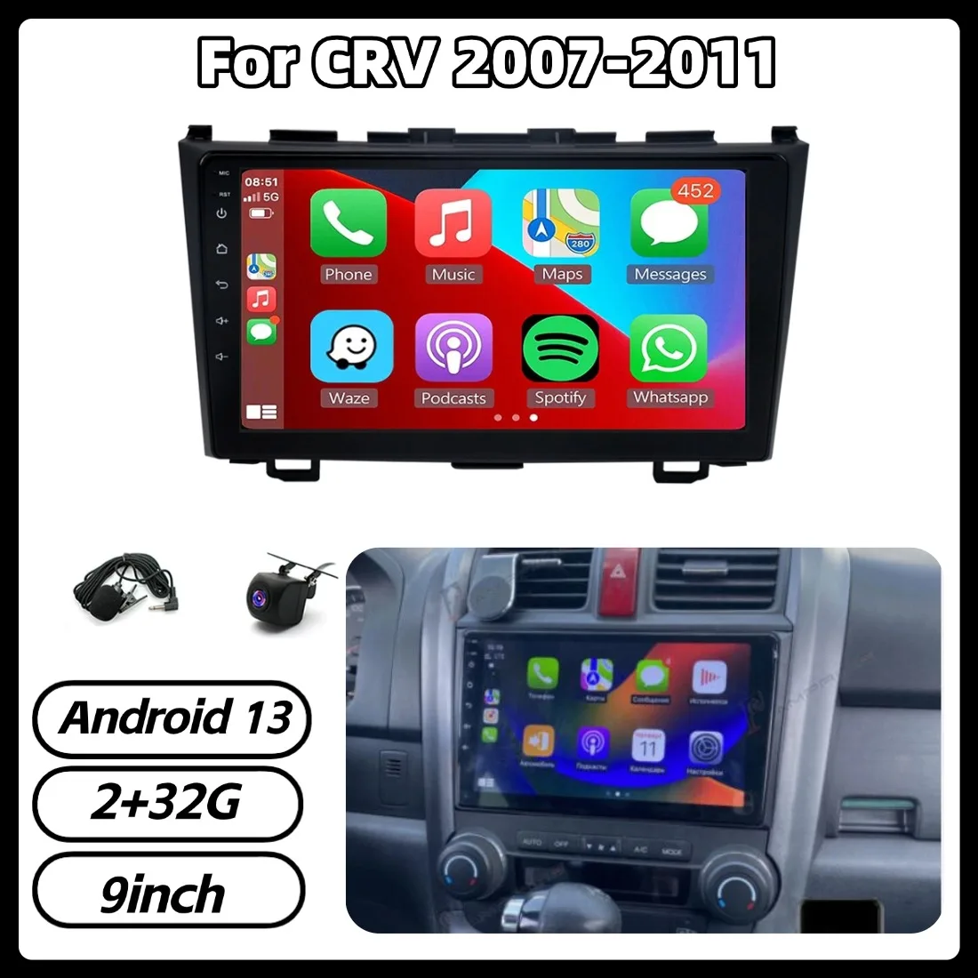 

9in 2+32G Car Stereo Radio For CRV 2007-2011 GPS Navigation Wireless For Carplay Android Auto Bluetooth WiFi FM/RDS Mirror Link