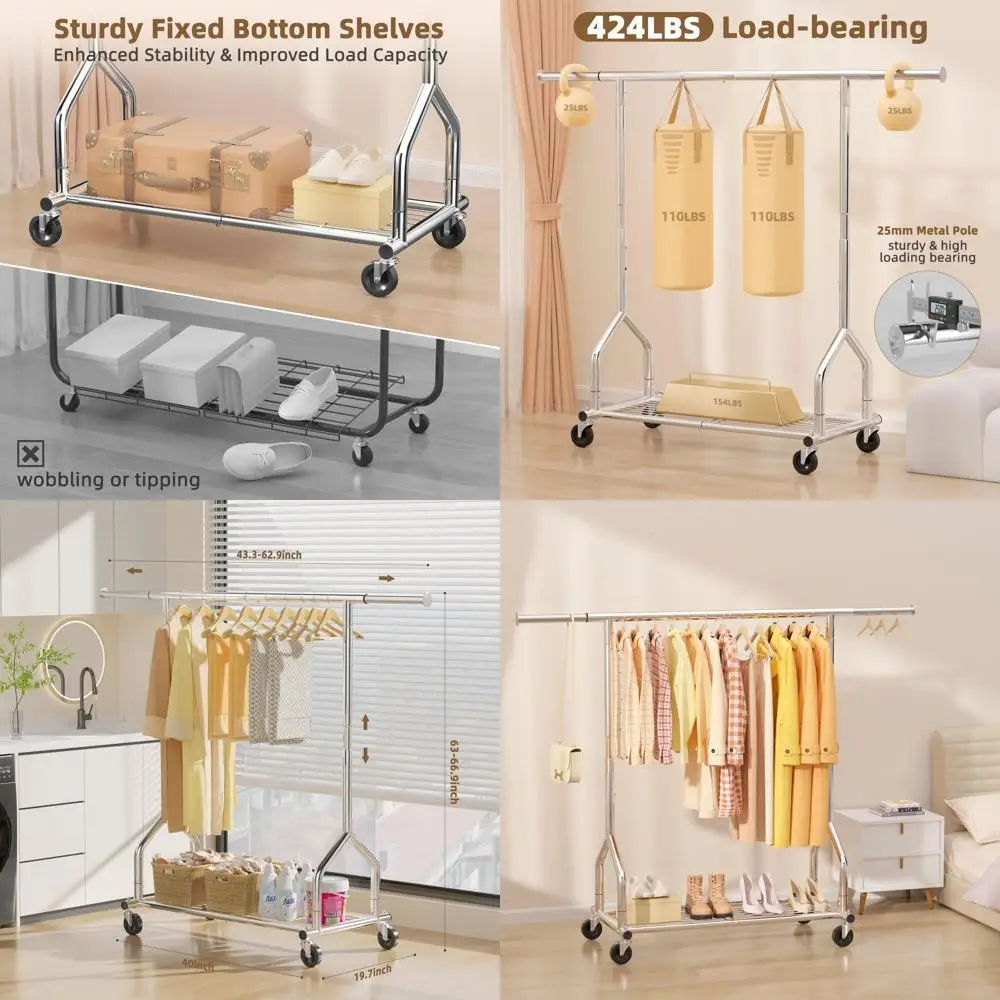 

Sturdy Rolling Clothes Rack with Adjustable Shelves, 424 lbs Capacity, Portable Metal Hanger for Hanging Garments - Silver