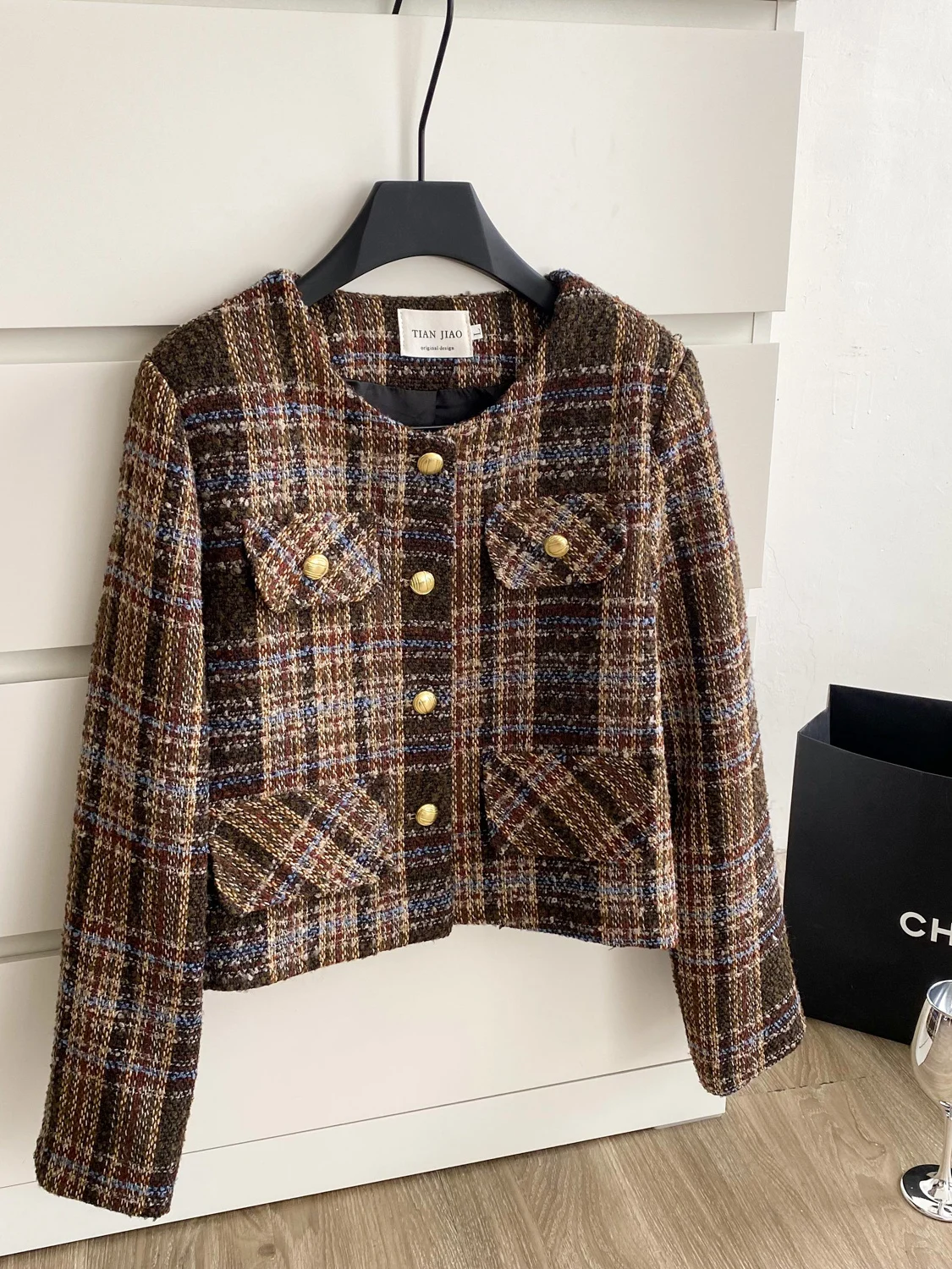 Ele ort Coat for Women round Ne Metal Bule Faionable Plaid Top Ladies Premium Sle Loose Fit Long Sve Coat