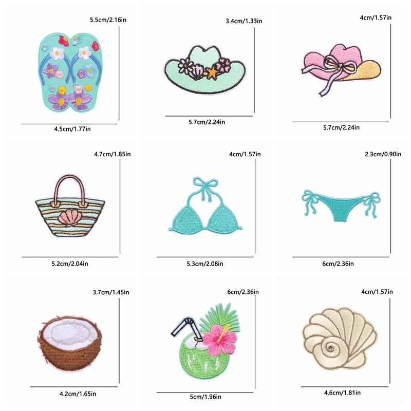 10PCS Cartoon Summer Themed Embroidered Patches Bikini Coconut Hat Shell Bag Patch Iron On Patches For Jacket Jeans Decorate DIY