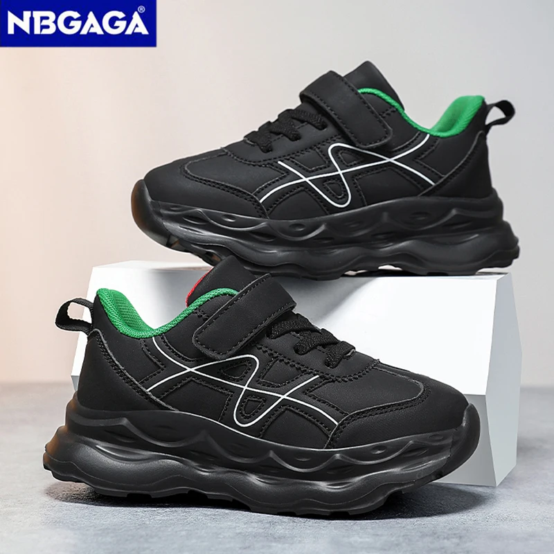 Children’s Black Causal PU Leather Running Shoes Anti-Slip Outdoor Sneakers for Boy and Girl Sport Tennis Size 30-39