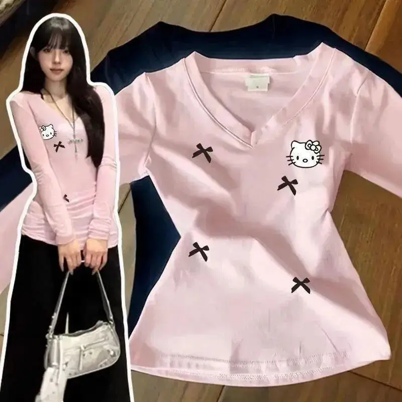 

Женская футболка Sanrio Hello Kitty с длинным рукавом и V-образным вырезом, хлопковая, для студентов, осенне-зимняя, в корейском стиле, модная, в стиле Sweet Spicy.