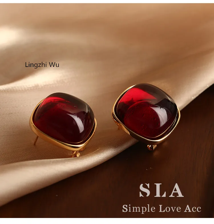 Lingzhi Wu Dark Red Gem Stone Silver Earrings Female Unique New Arrival