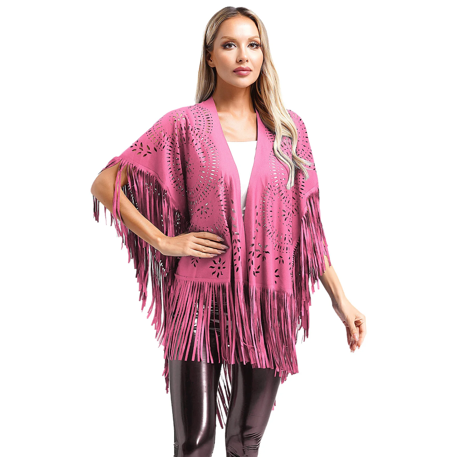 Faux Suede Hollow Out Fringed Shawl Capes for Womens Bohemian Vintage Asymmetrical Tassel Cardigan Cloak Shawl Wraps Outerwear