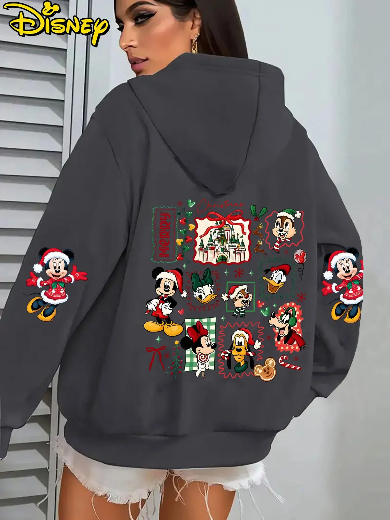 ディズニー レディ ミッキーマウスとドナルドダック クリスマスキャッスル フード付きジャケット - オールスター漫画キャラクター ウィンタージャケット