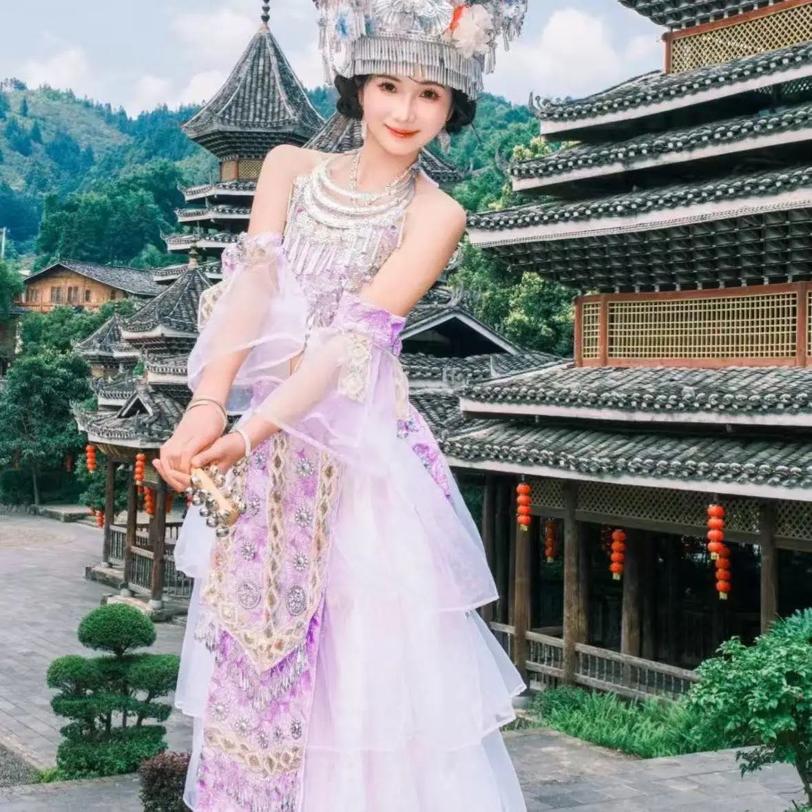 Elegant Purple Hmong Costume for Women Traditional Chinese Ethnic Minority Miao Clothing Hanfu Hmong for Female