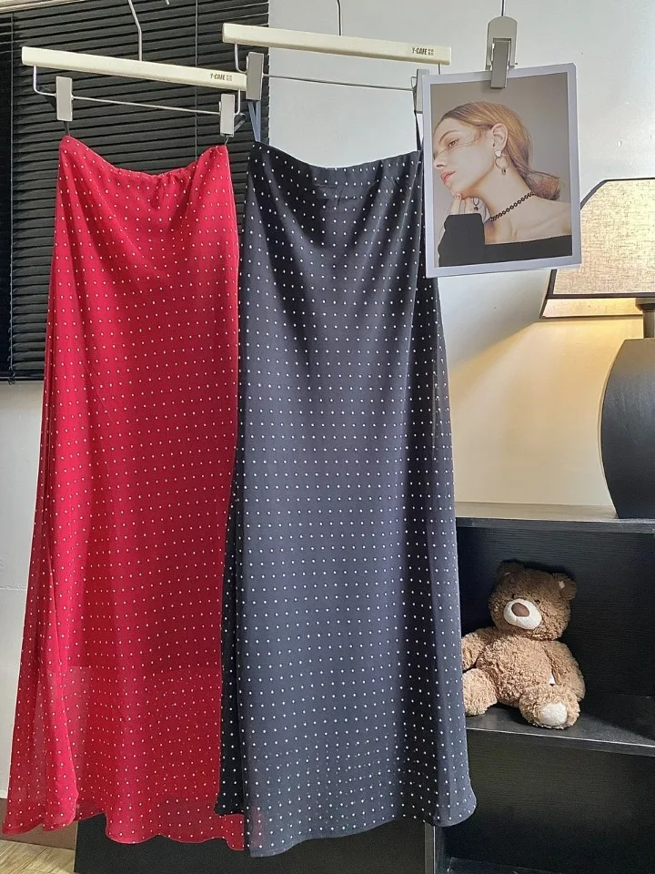 

Красная юбка-миди в горошек с высокой талией для похудения Fi Tail для женщин, летняя корейская юбка с высокой талией