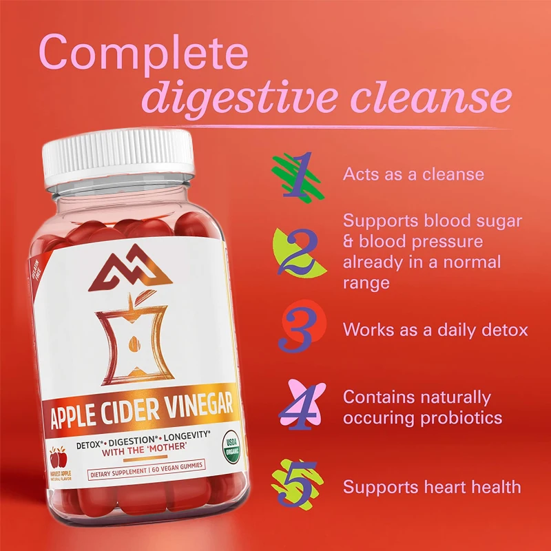 

Apple cider vinegar gummies, containing ACV detoxification and cleansing, natural probiotics, digestive support, no gelatin