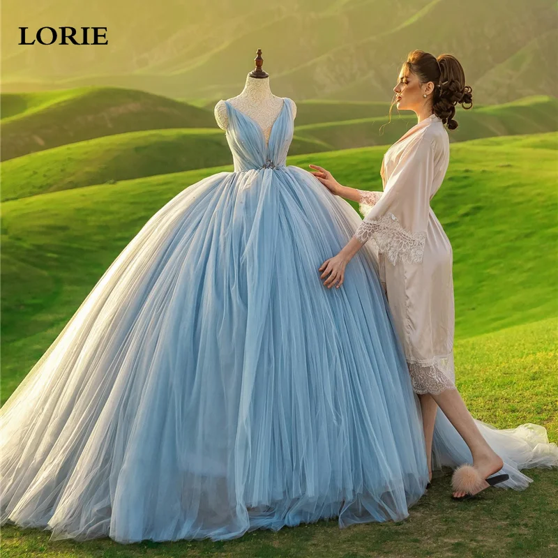 

LORIE Baby Blue Wedding Dresses A Line V Neck Puff Tulle Bride Dress Elegant Sleeveless Modest Bride Wedding Gowns 2024