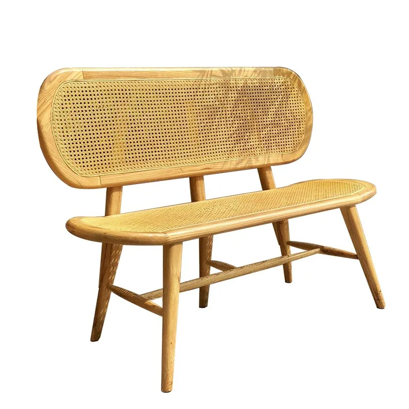 

Rattan chair household solid wood back chair armrest retro dining chair three-person bench