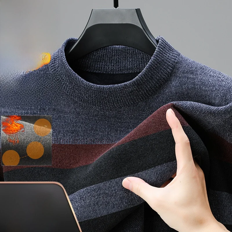 メンズ冬用厚手フリースハーフハイカラーニットセーターカジュアルストライプおしゃれベースシャツ柔らかく暖かい長袖