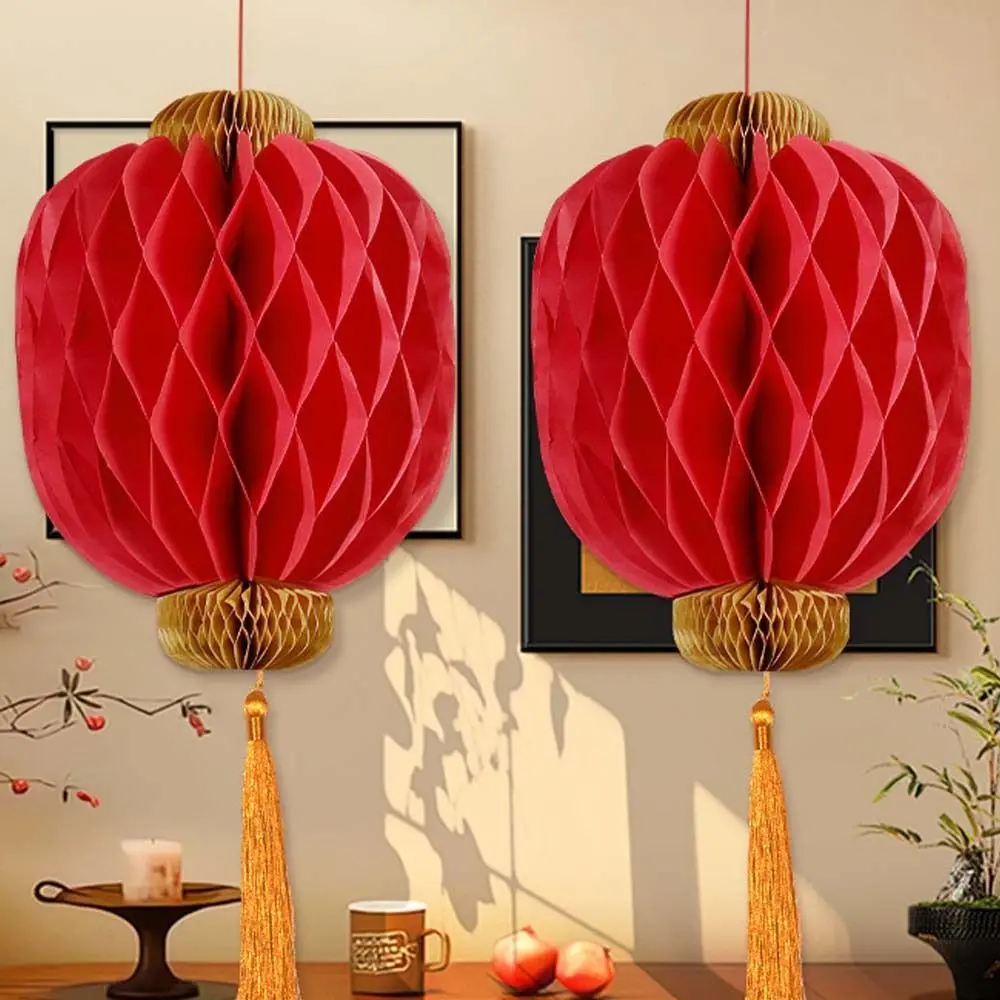 Red Paper Honeycomb Ball Lantern Blessing Traditional Chinese New Year Lanterns with Tassels Good Luck Spring Festival Supplies