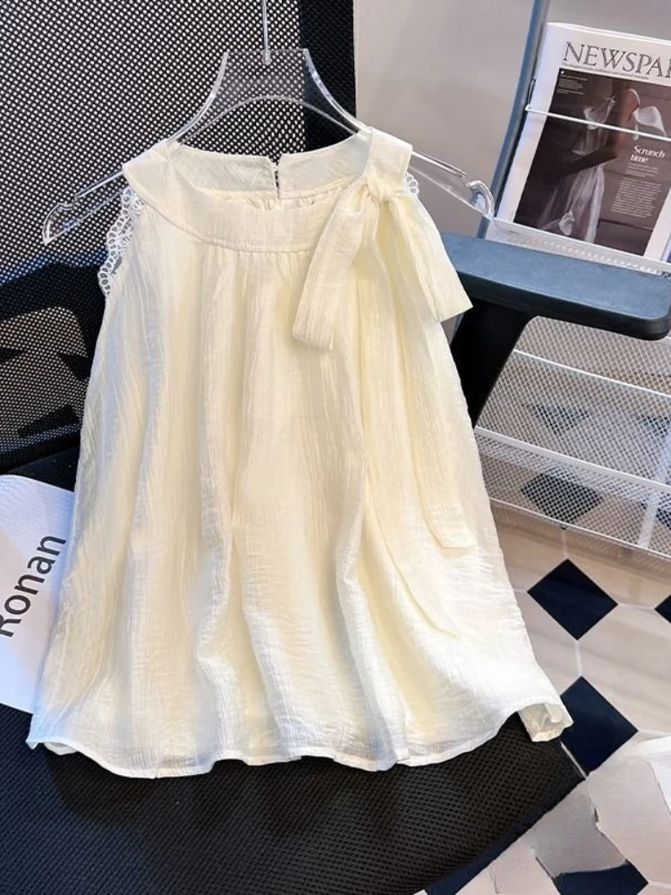 

Ivory Linen Babydoll Tie-Strap Tank Women Summer French Chic One-Shoulder Bow Ruffle Cropped Top Lace Trimmed Mini Doll Shirt