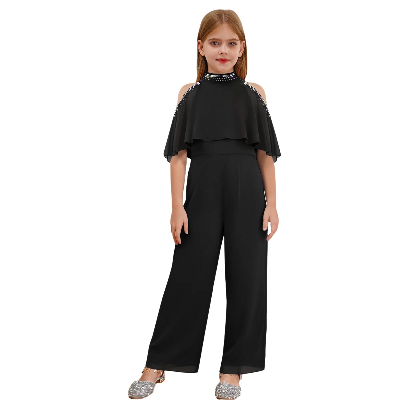 

Children Girls Elegant Jumpsuit Shiny Rhinestones Cold Shoulder Wide Leg Pants Rompers Birthday Wedding Party Banquets Bodysuit