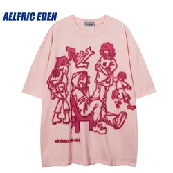 Aelfric Eden Mens Casual Y2K Cartoon Line Character Print T-shirts Harajuku Hip Hop Streetwear Anime Graphic Tshirts Cotton Tops