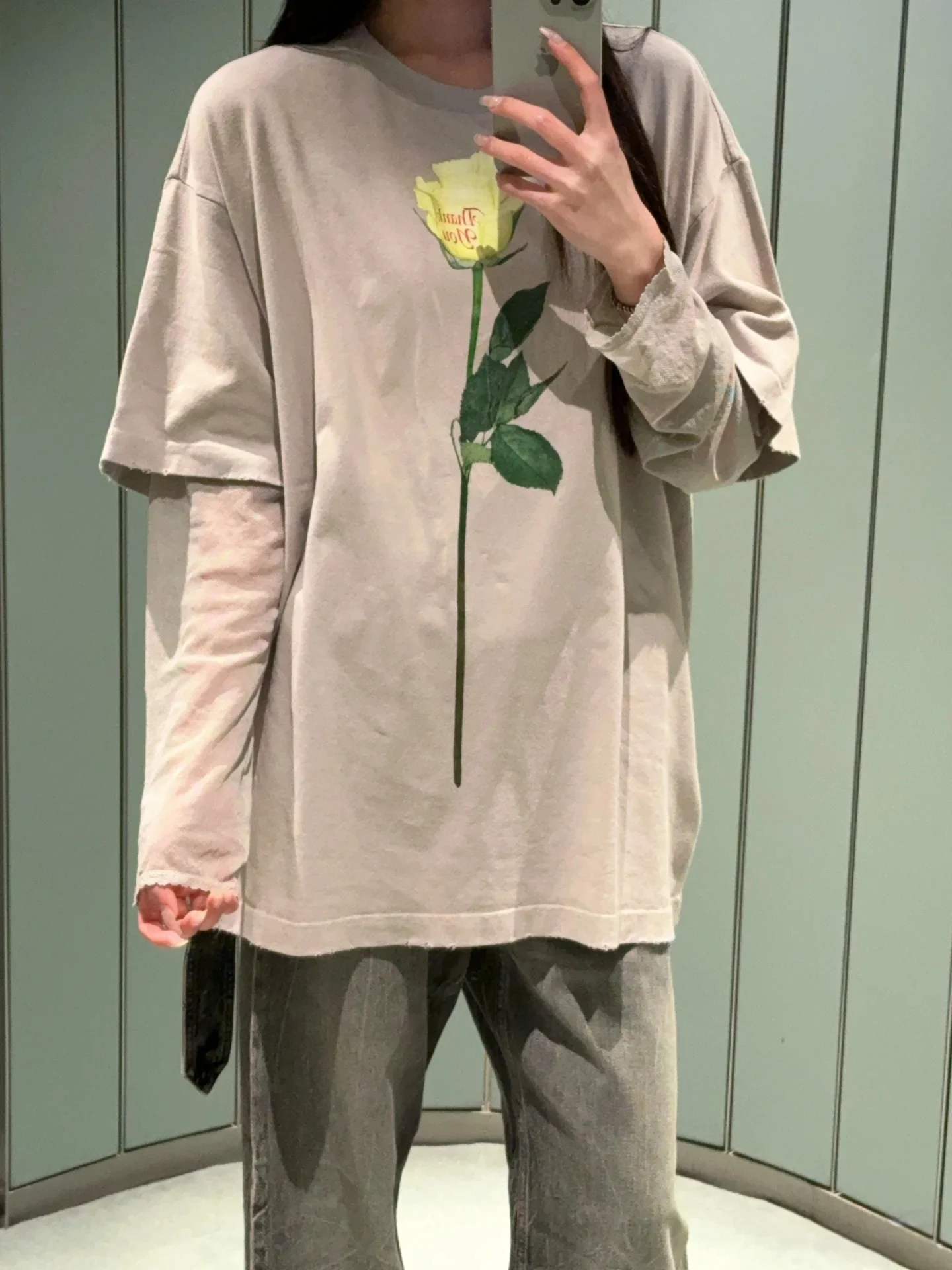 

Свободная повседневная футболка с длинными рукавами и принтом роз в стиле ретро GNN △ Хлопковый топ Net Sve с эффектом двухслойности для повседневной носки весной