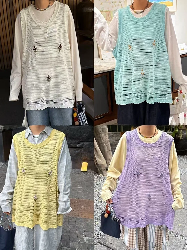 

Вязаный жилет с ажурным растительным узором для весны и лета, большие размеры, женская одежда, белый, фиолетовый, желтый цвета, ретро-стиль