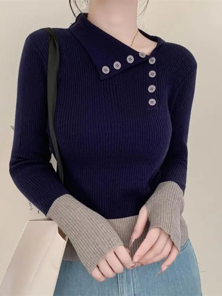 

Korean Women's Patchwork Single Breasted Pullover Short Sweater 2025 Autumn Winter Long Sleeves Knitting Versatile Pullover Tops