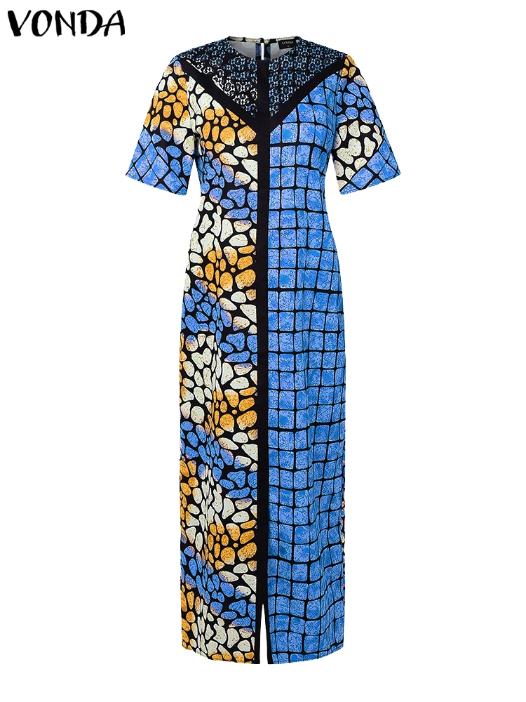 Plus Size Women Sundress Bohemian Short Sleeve Printed Maxi Long Dress 2025 VONDA Casual Loose Patchwork Beach Vestidos