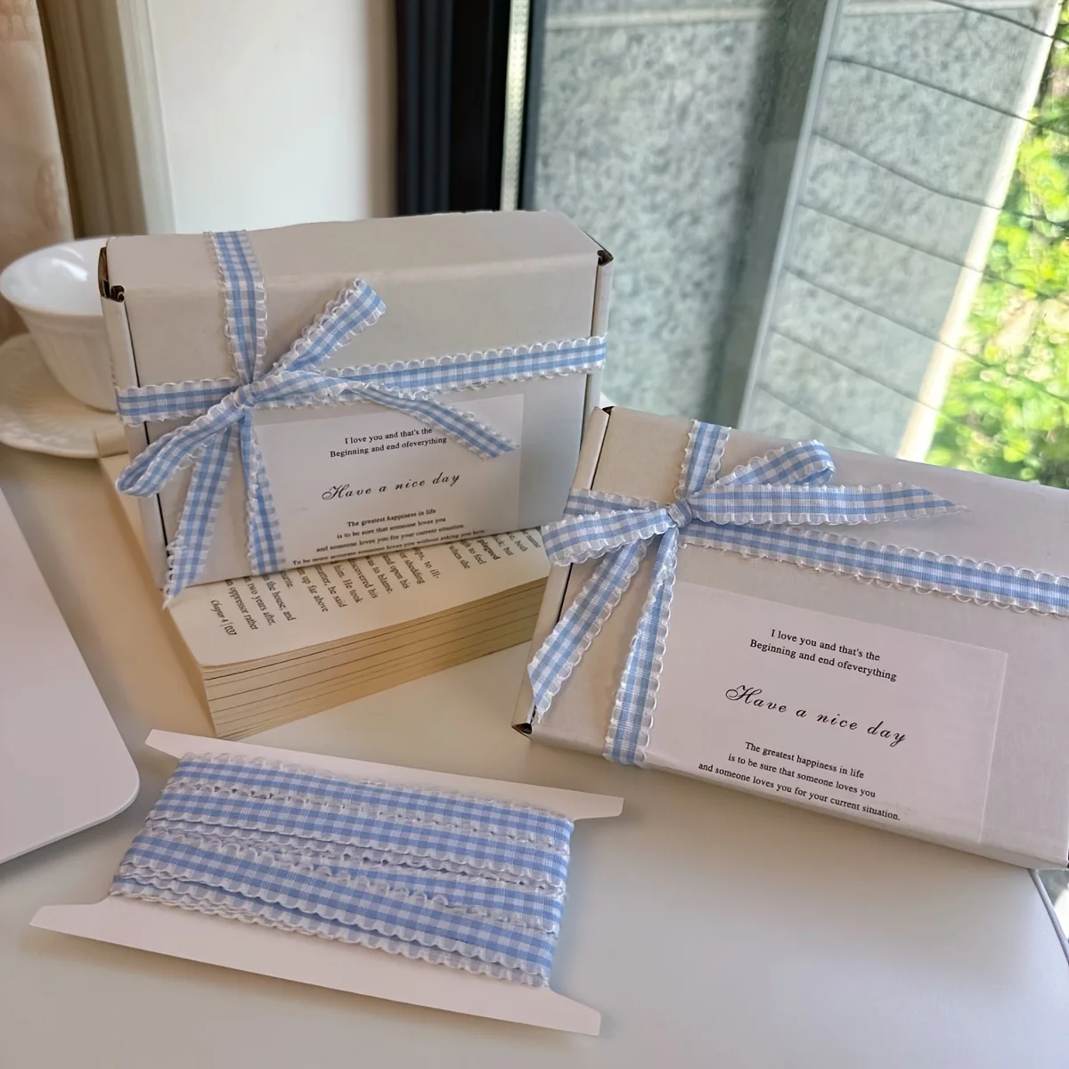 10 Yard Korean Blue White Checkered Lace Ribbon, Gift Wrapping Box Band Bow Decoration Handmade Fresh Flower Baking Materials