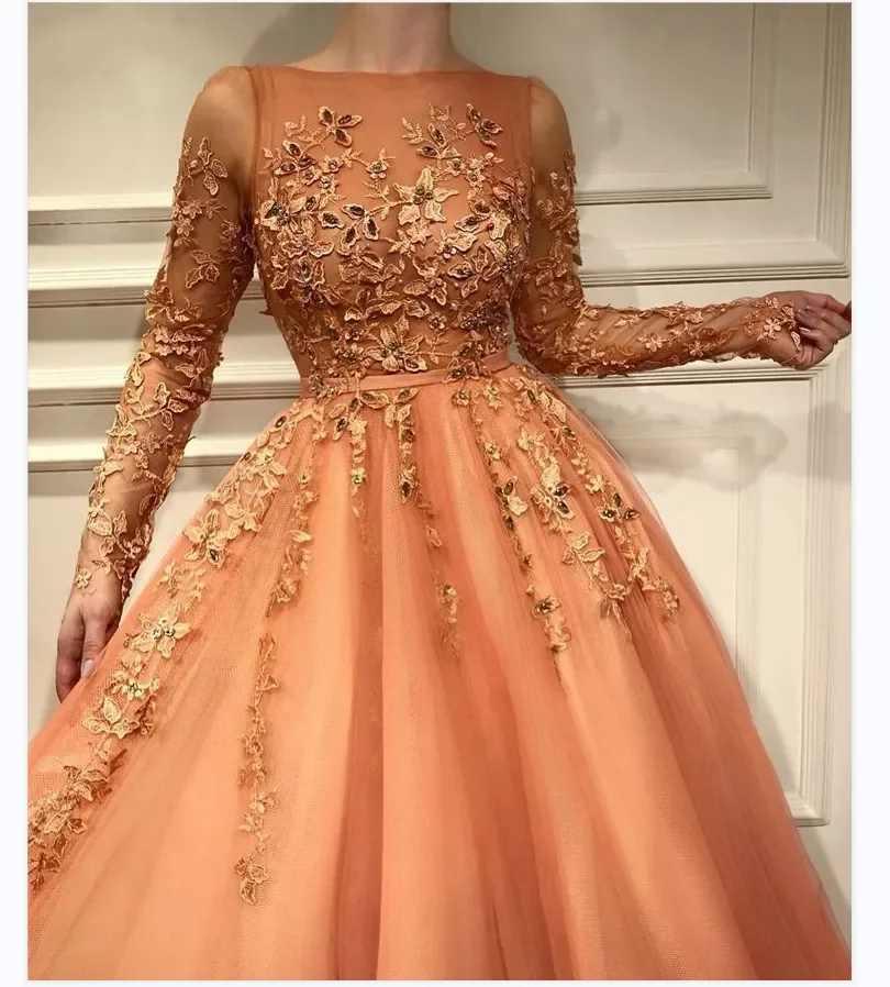 

LZPOVE Orange Long Sleeve Prom Dresses Women 3D Flowers Appliques Floor-Length A-Line Tulle Sweep Train Formal Evening Dress