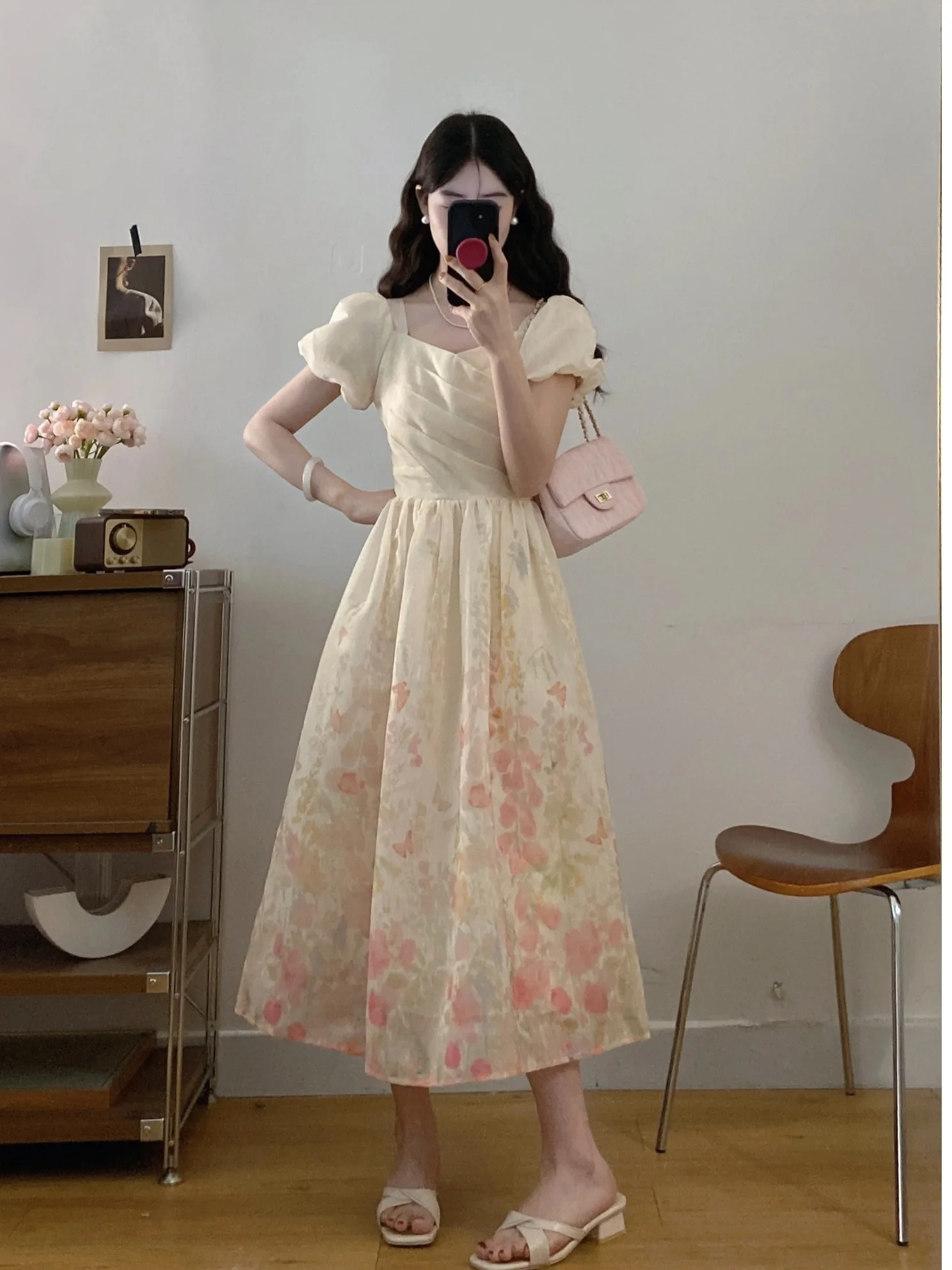 

plus Size Floral Print Square Ne Long A-Line Dr Women's Summer Slimming Waist High Waist Commute Sle Korean Version