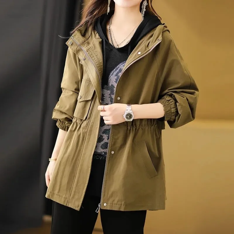 Women Mid Length Version Windbreaker Jacket Korean Ladies Hooded Trench Tops Coat Femal Large Size 4XL Drawstring Lined Outwear